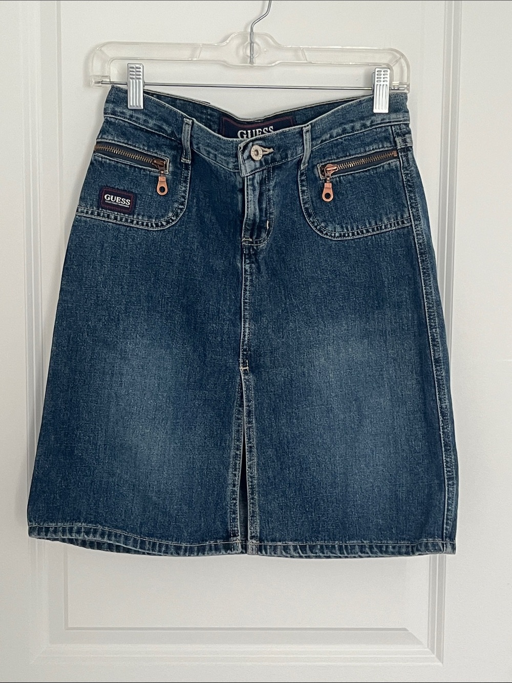 GUESS Dark Blue Denim A-Line Skirt with Front Zip Pockets